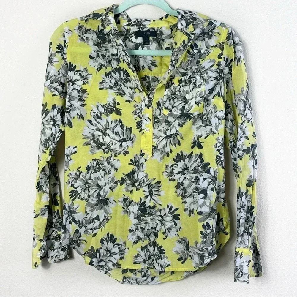 J. Crew Silk Cotton Blend Button Down Floral Shirt long sleeve yellow grey SZ 0